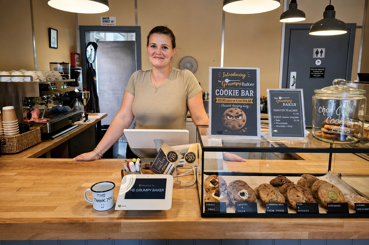 The counter at The Grumpy Baker with a member of the team and fresh cookies